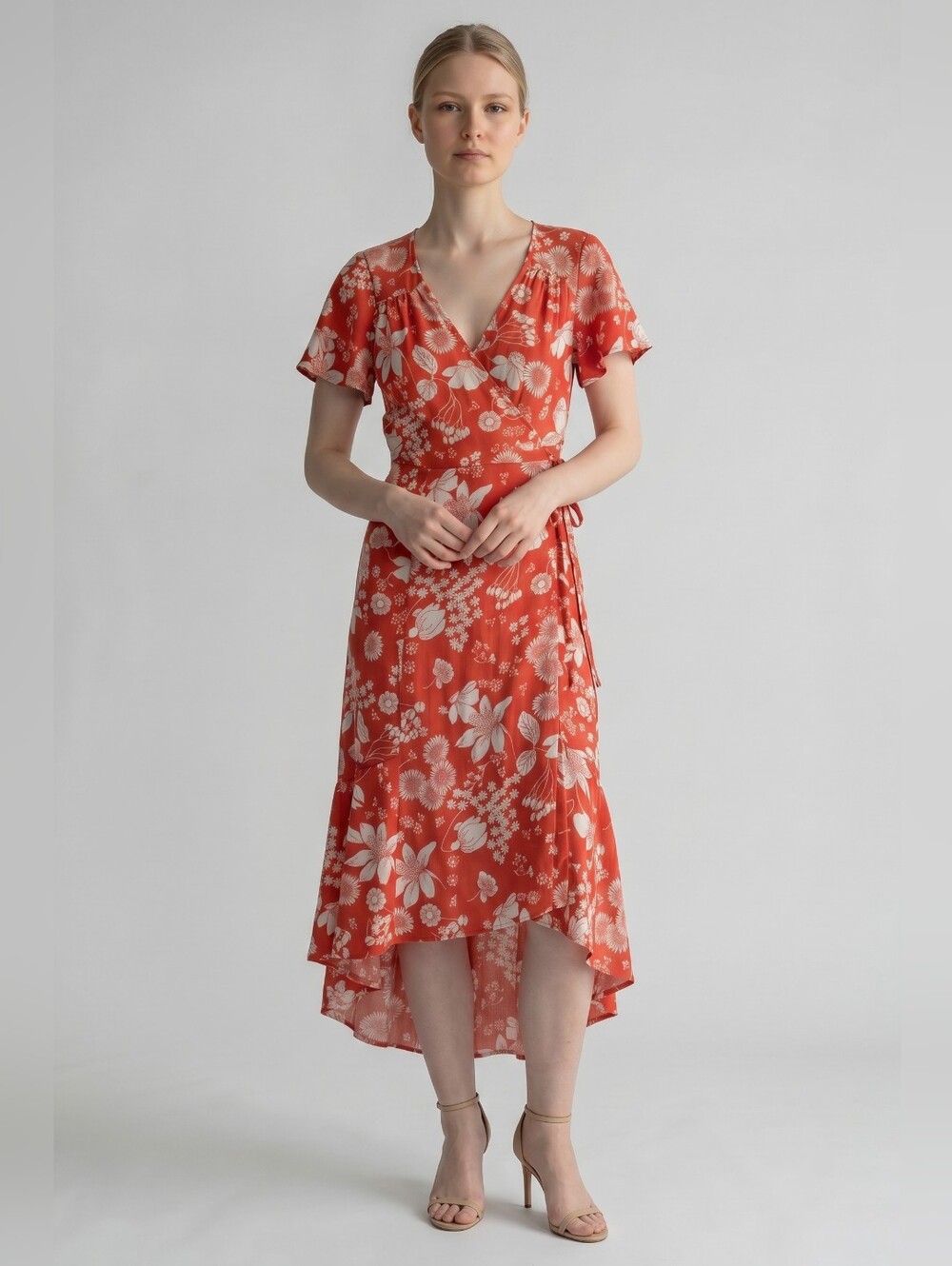 Urban Outfitters Red Floral Wrap Midi Dress Size Large Flutter Sleeves Hi-Lo Hem